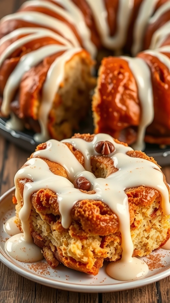 Warm cinnamon monkey bread drizzled with creamy icing on a rustic table.